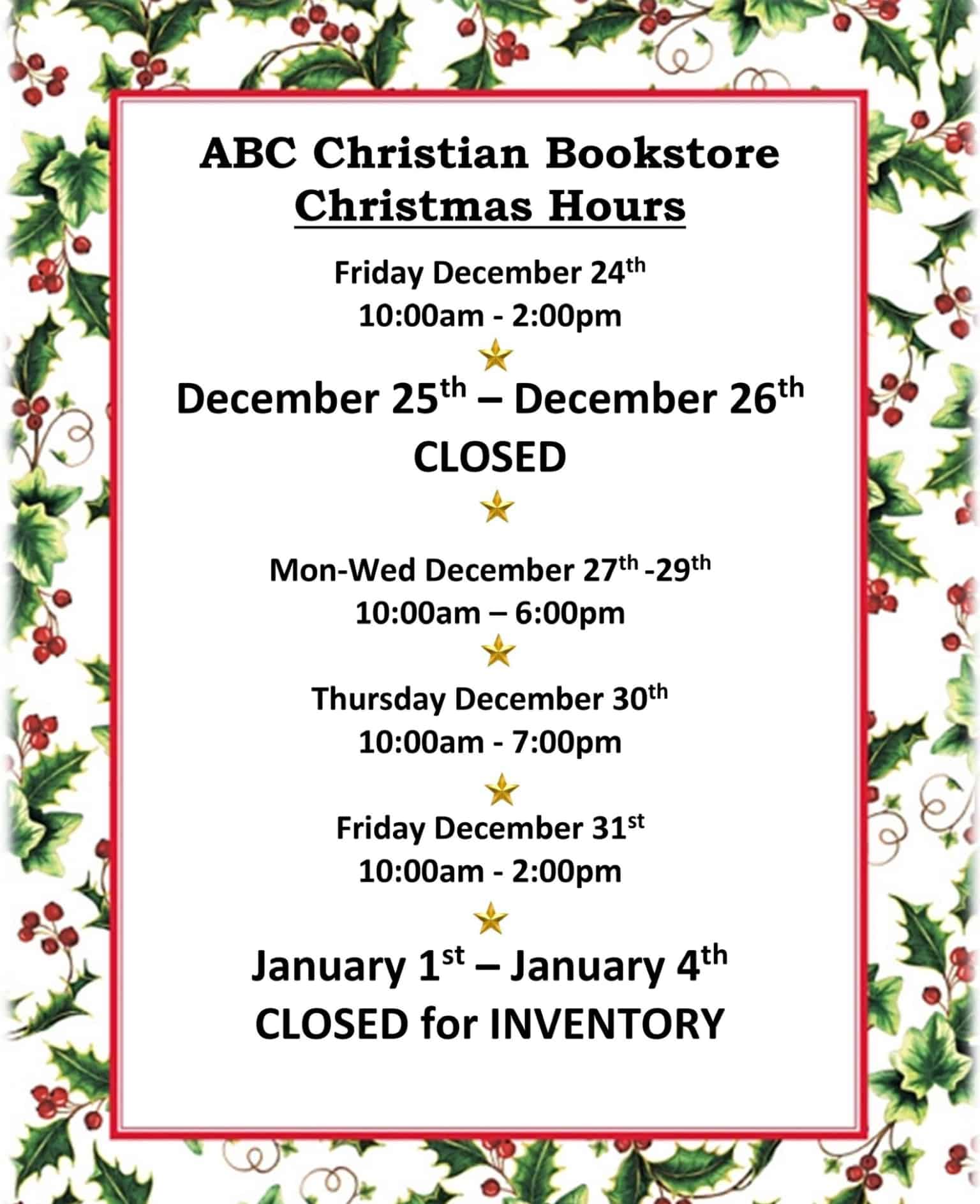 ABC Christian Bookstore Christmas Hours