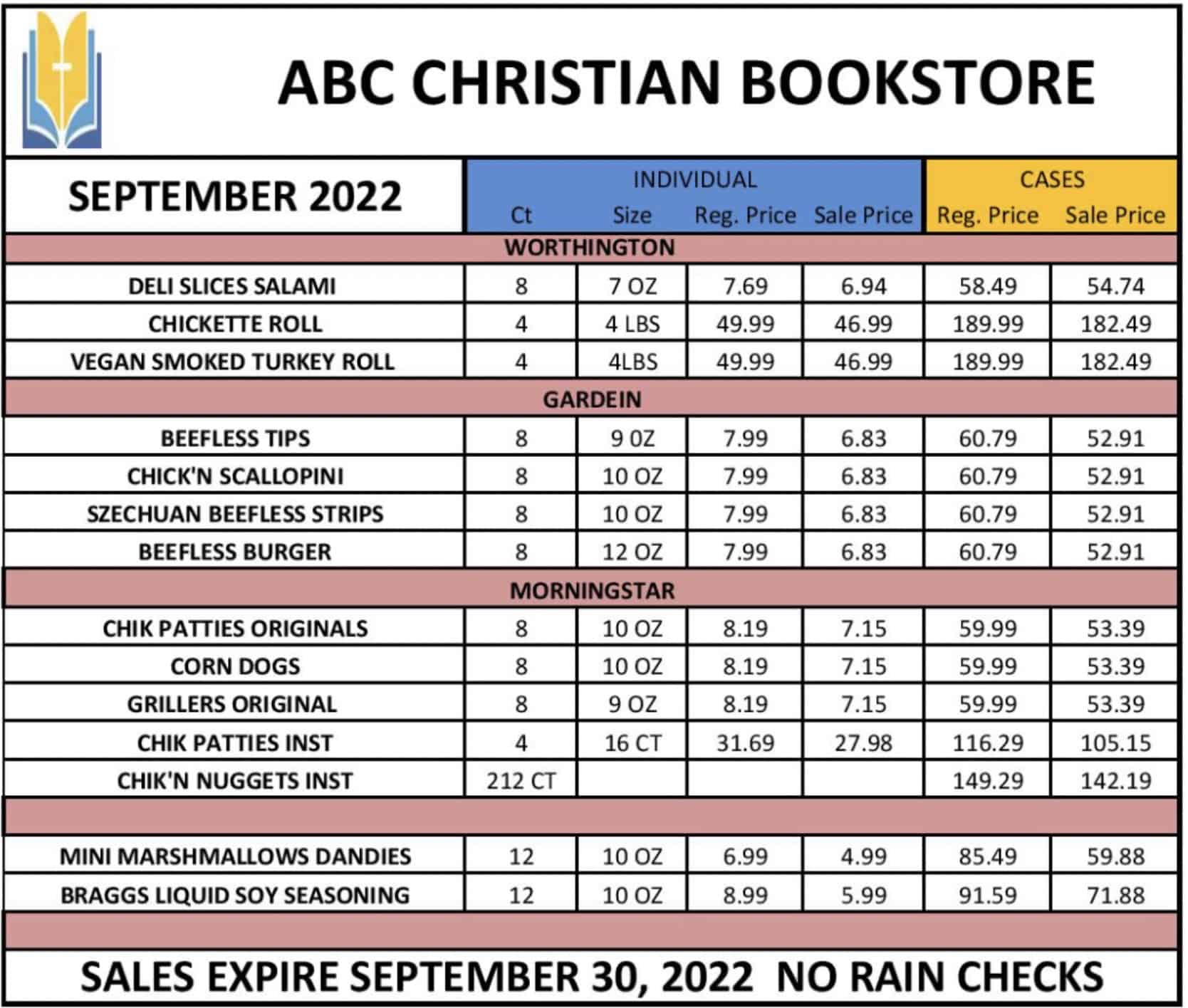 September food list from ABC Christian Bookstore
