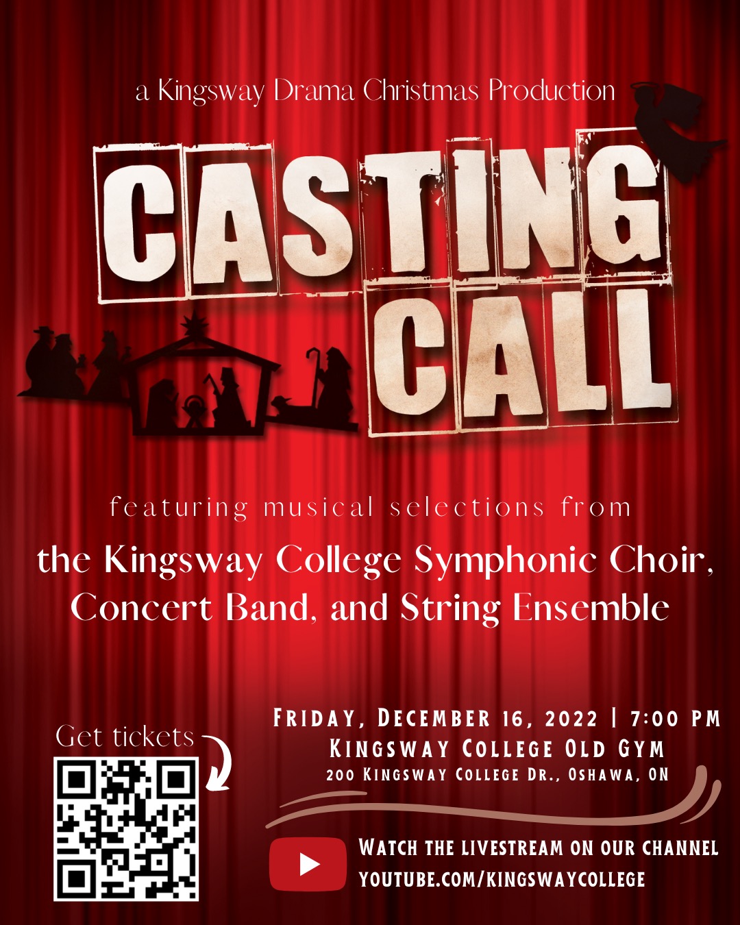 A Kingway Drama Christmas Production featuring musical selections from the Kingsway College Symphonic Choir, Concert Band, and String Ensemble