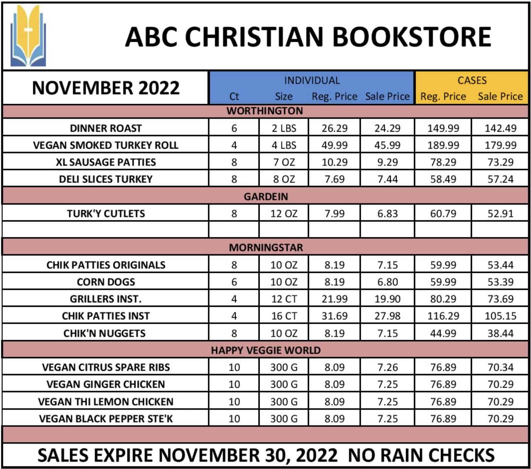 November 2022 food list from ABC Christian Bookstore