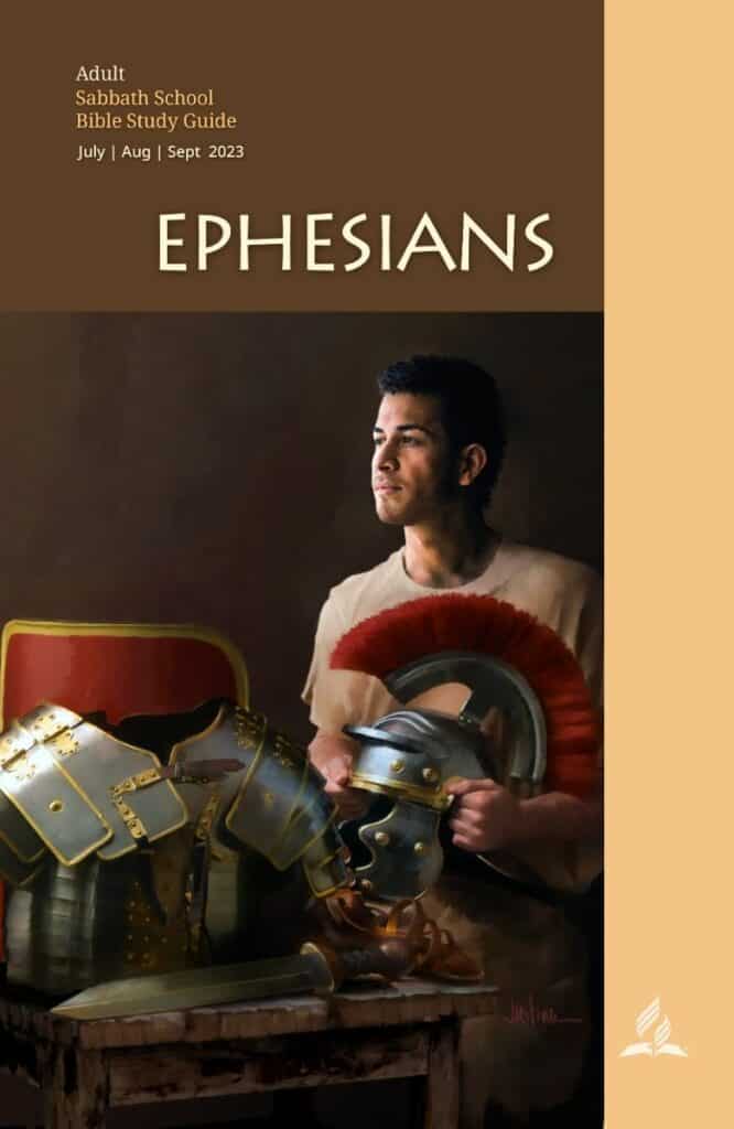 A roman soldier holding his helmet on the cover of the Sabbath School Guide with the title "Ephesians".