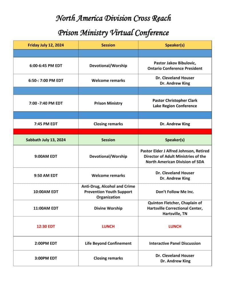 Schedule of the virtual prison ministry conference